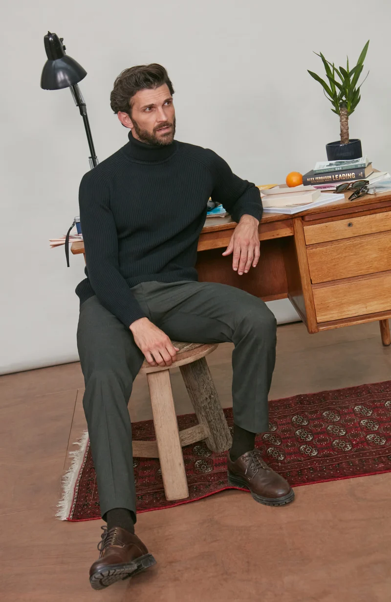 Mens Midweight Cotton Ribbed Roll Neck Jumper