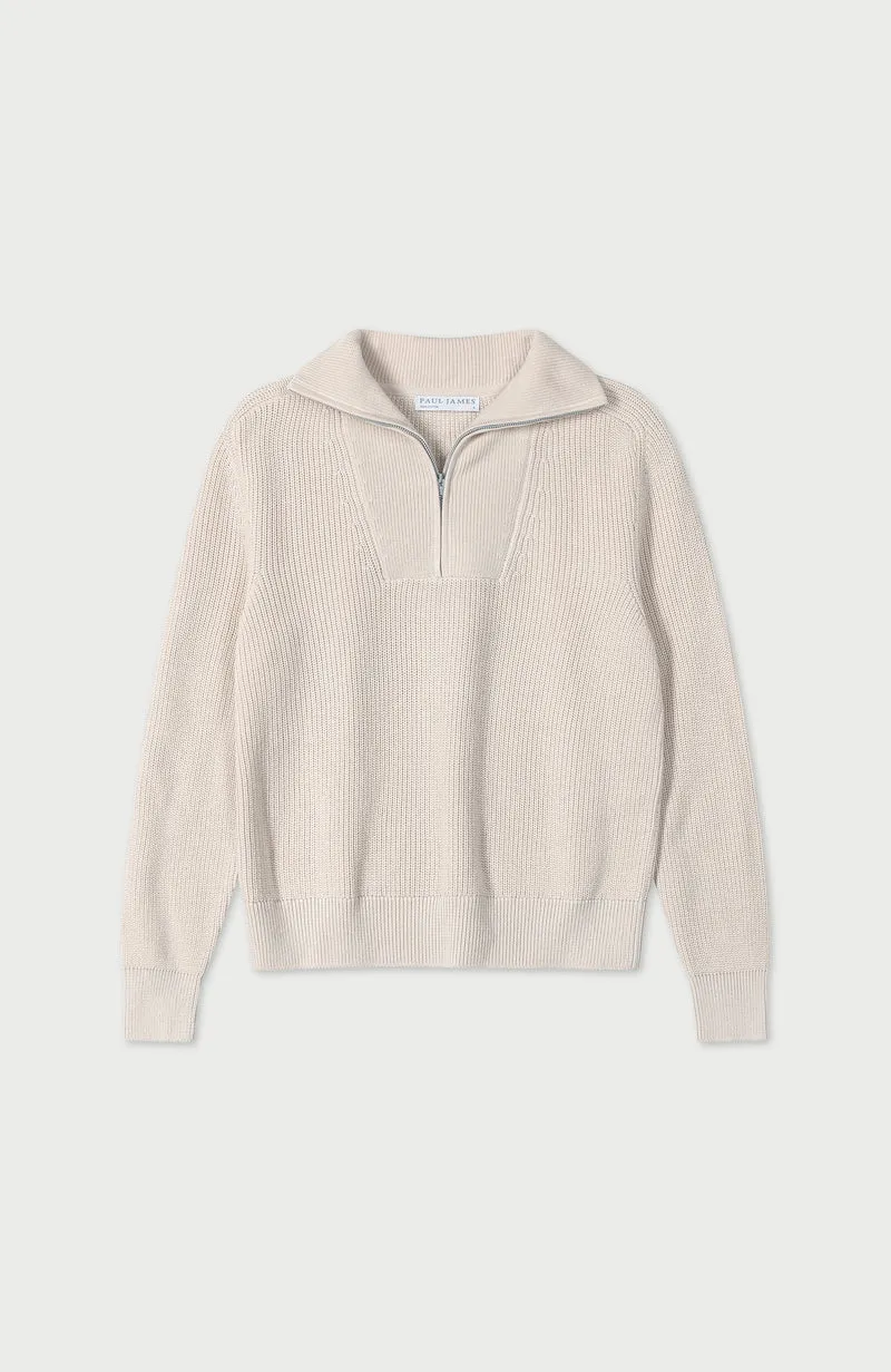 Womens Midweight Cotton Troyer Zip Neck Ribbed Jumper