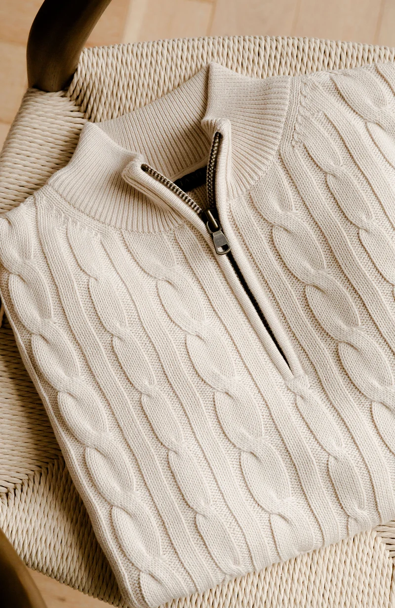 Mens Midweight Cotton Cable Zip Neck Jumper