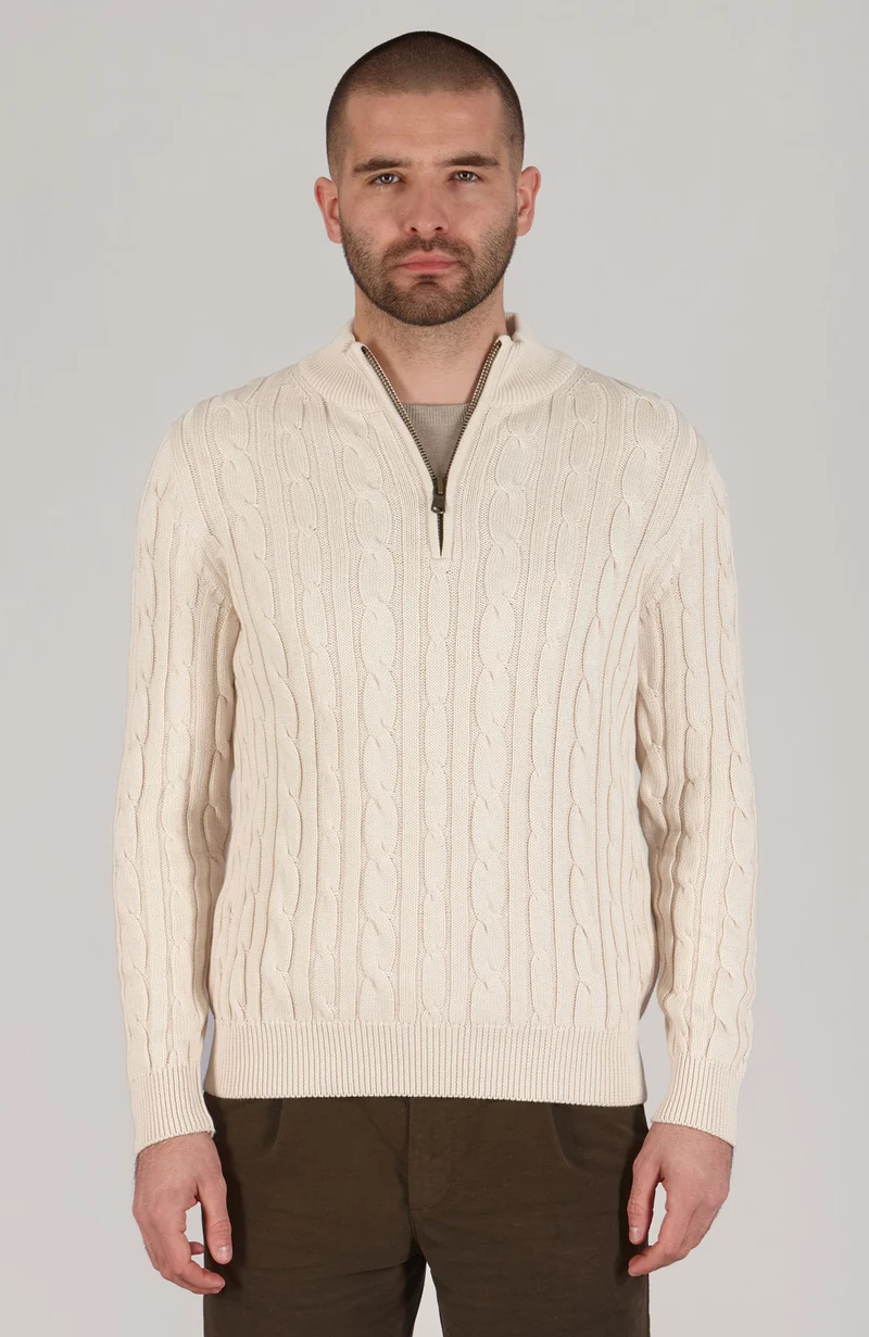 Mens Midweight Cotton Cable Zip Neck Jumper