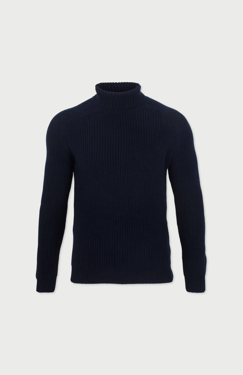 Mens Midweight Cotton Fisherman Rib Knit Roll Neck Jumper