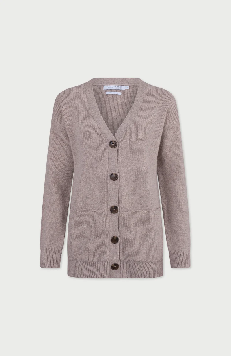Womens Lambswool V Neck Ribbed Cardigan with Pockets