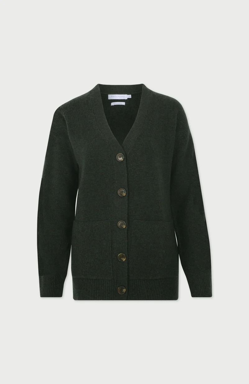 Womens Lambswool V Neck Ribbed Cardigan with Pockets