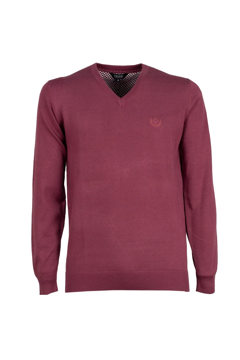 Pullover scollo a v in puro cotone con ricamo ton sur ton