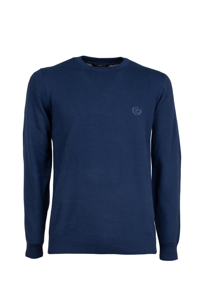 Pullover girocollo uomo in puro cotone con ricamo ton sur ton