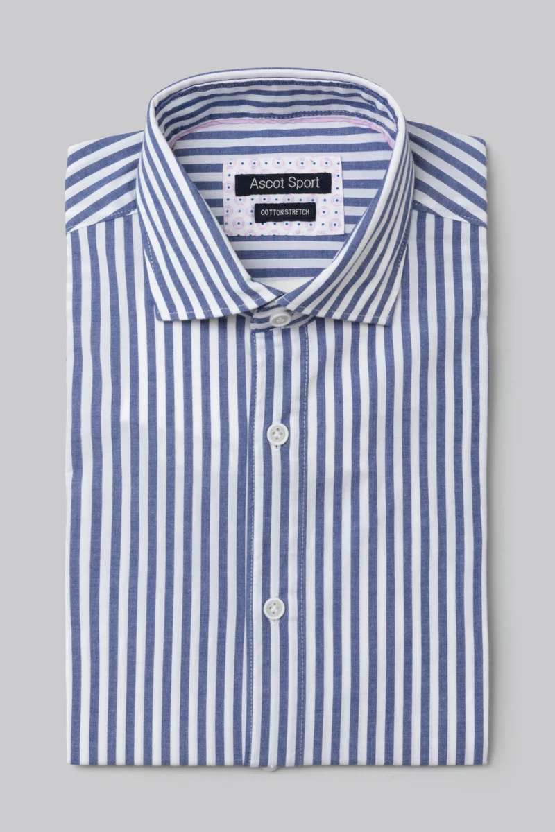 Camicia collo classico in cotone stretch fantasia riga blu e bianco