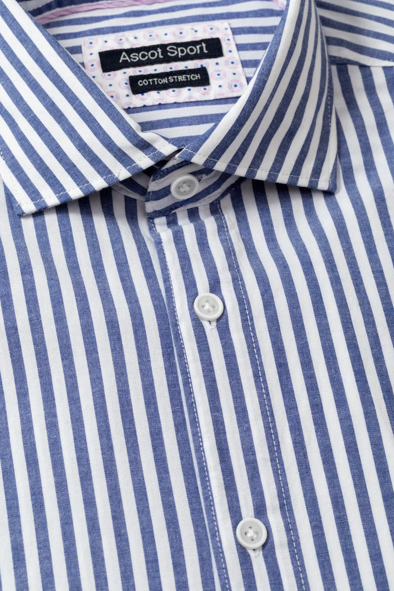 Camicia collo classico in cotone stretch fantasia riga blu e bianco