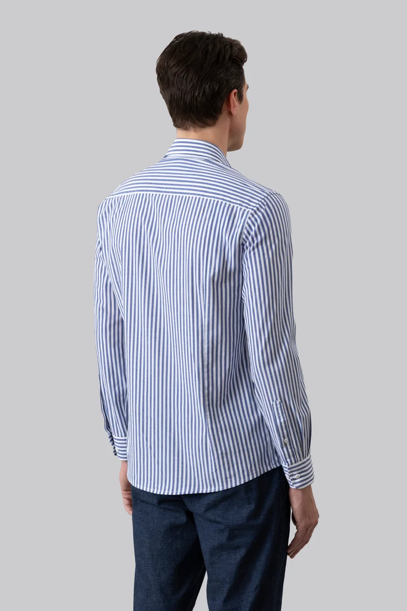Camicia collo classico in cotone stretch fantasia riga blu e bianco