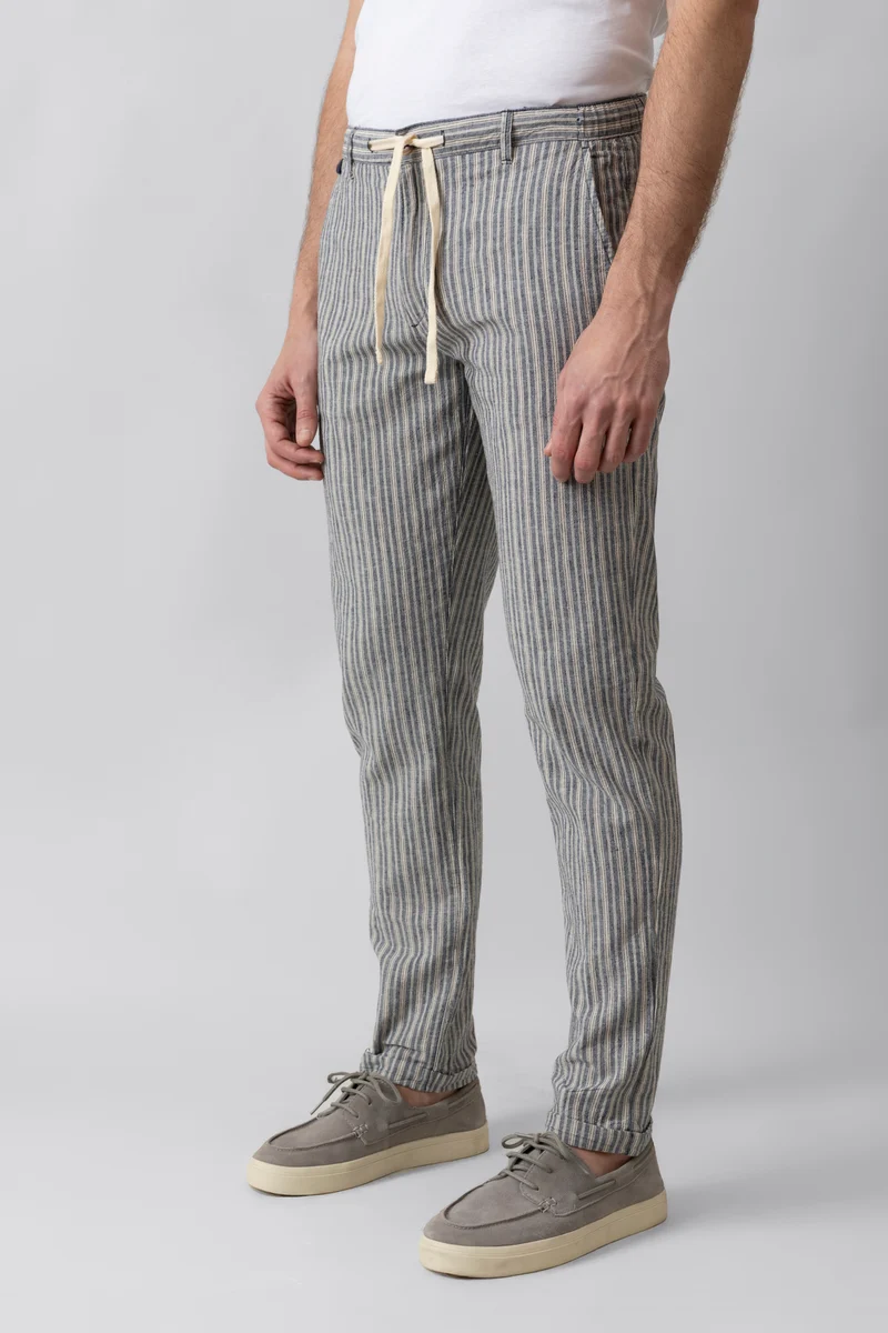 Pantalaccio in misto lino cotone riga blu e beige