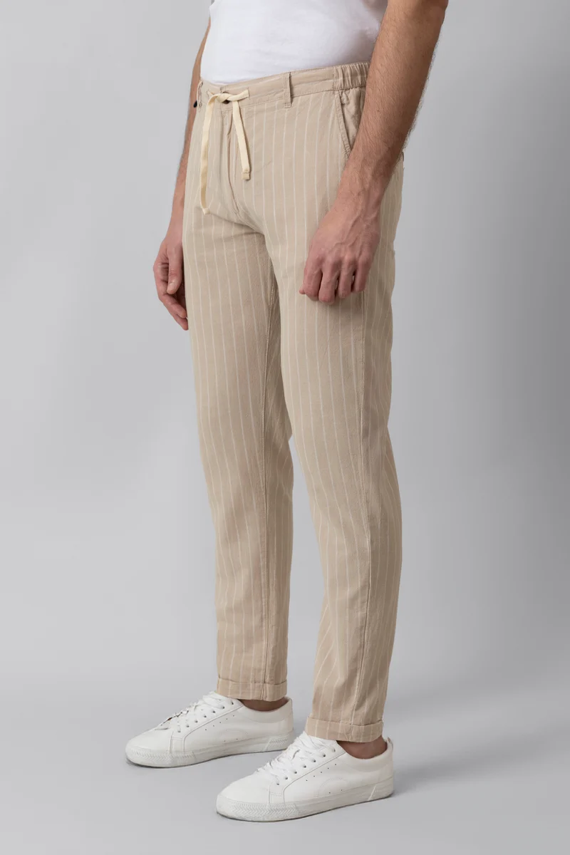 Pantalaccio in misto lino cotone riga beige e sabbia