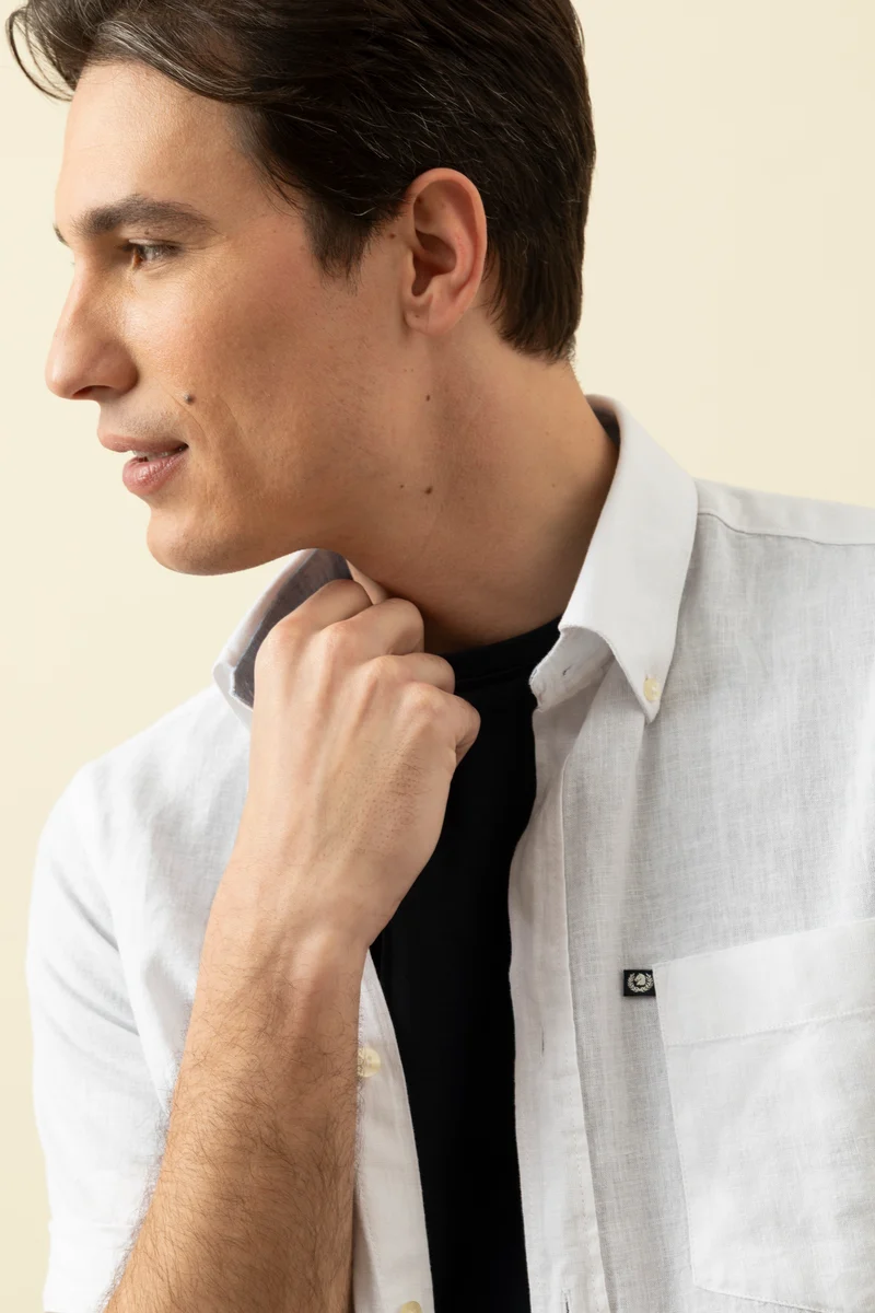 Camicia manica corta button down in misto lino cotone