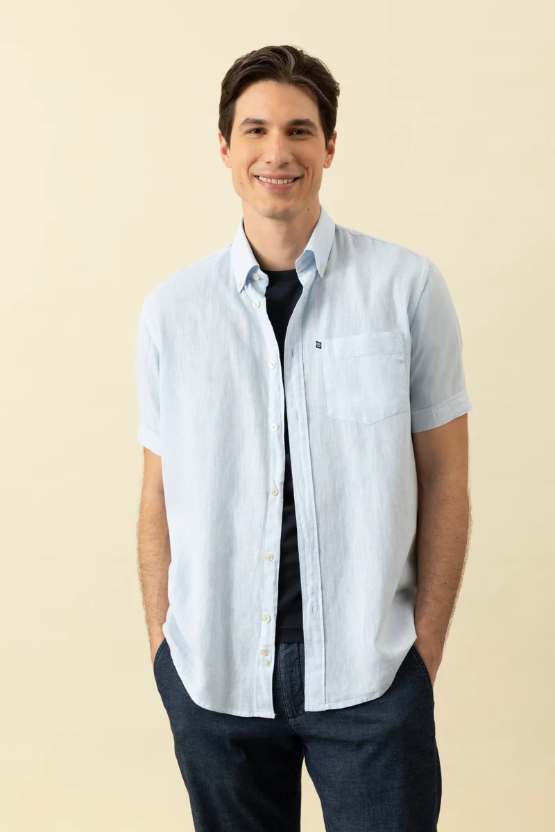 Camicia manica corta button down in misto lino cotone