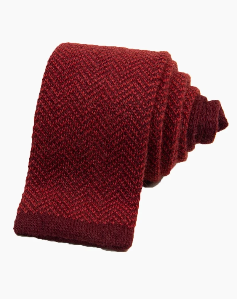 Burgundy & Red Herringbone Wool & Cashmere Knitted Tie