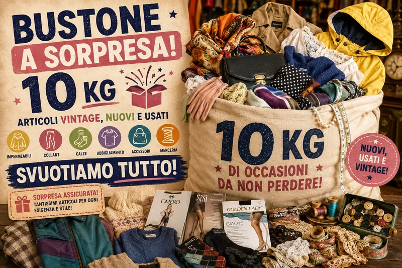 Una bella occasione da non perdere. Bustone a sorpresa con articoli Vintage, nuovi e usati( impermeabili, abbigliamento, collant, calze, merceria e altro). 10 kg.