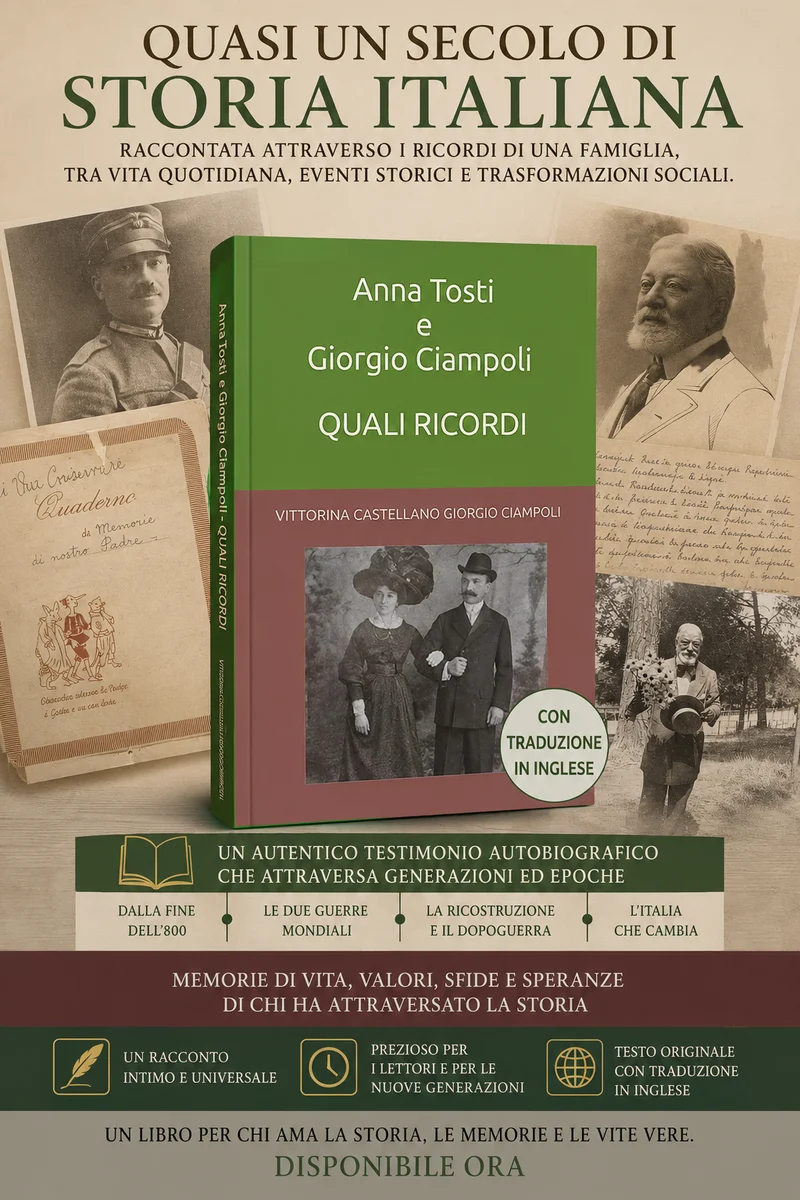 "Anna Tosti e Giorgio Ciampoli - Quali Ricordi" dì Vittorina Castellano e Giorgio Ciampoli. Libro storico dalle memorie di Giorgio Ciampoli(Ortona 1873 - 1966), Ufficiale dei Carabinieri che racconta quasi un secolo di storia italiana. 300 g.
