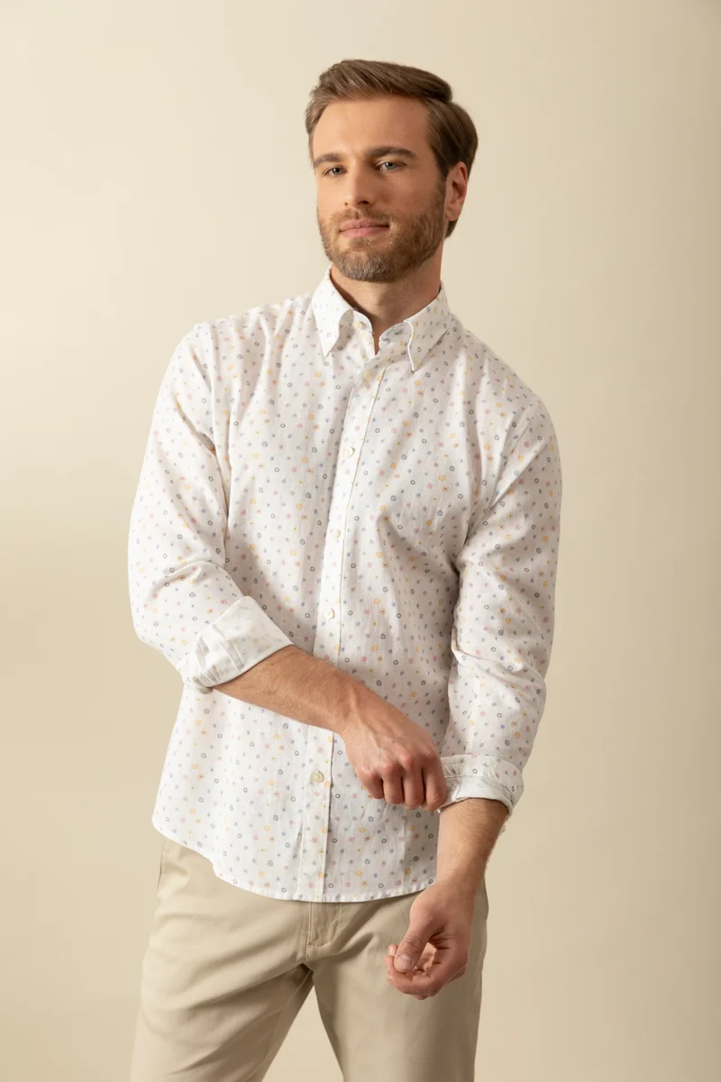 Camicia Button Down in misto lino cotone stampa floreale