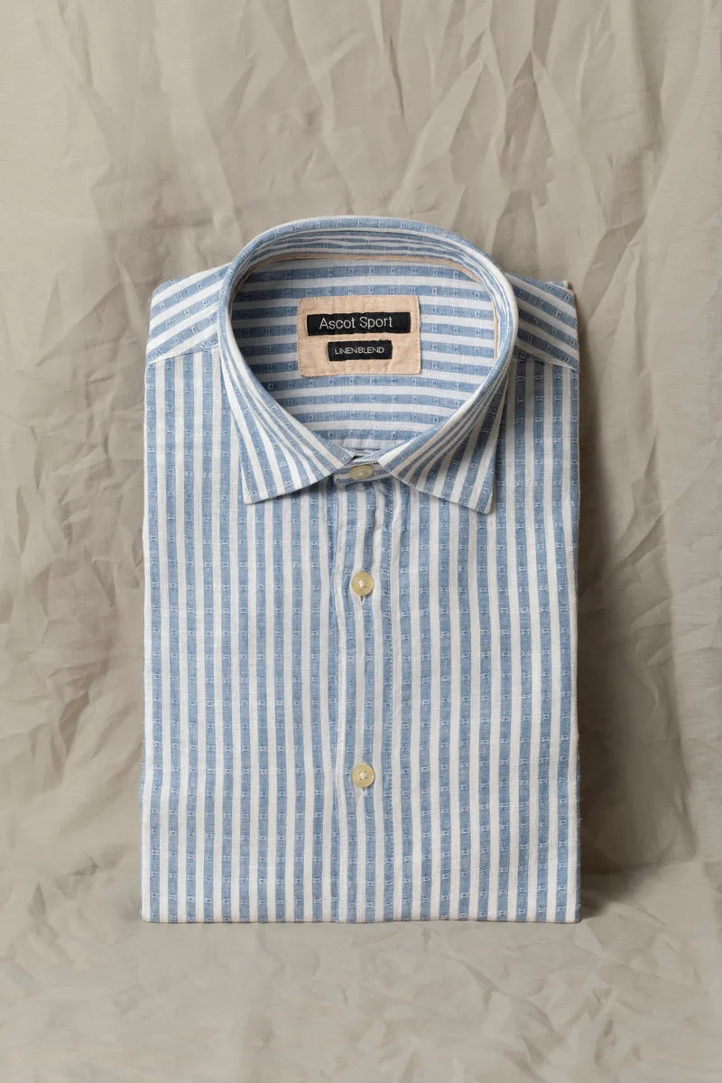 Camicia collo classico in misto lino cotone riga operata