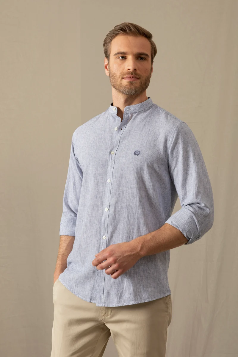 Camicia in misto lino cotone collo corea