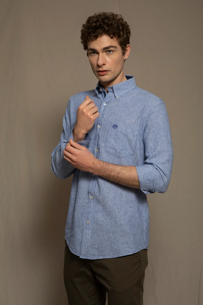 Camicia in fantasia in misto lino cotone riga piccola