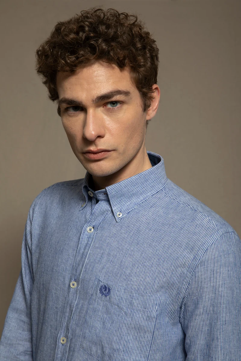 Camicia in fantasia in misto lino cotone riga piccola