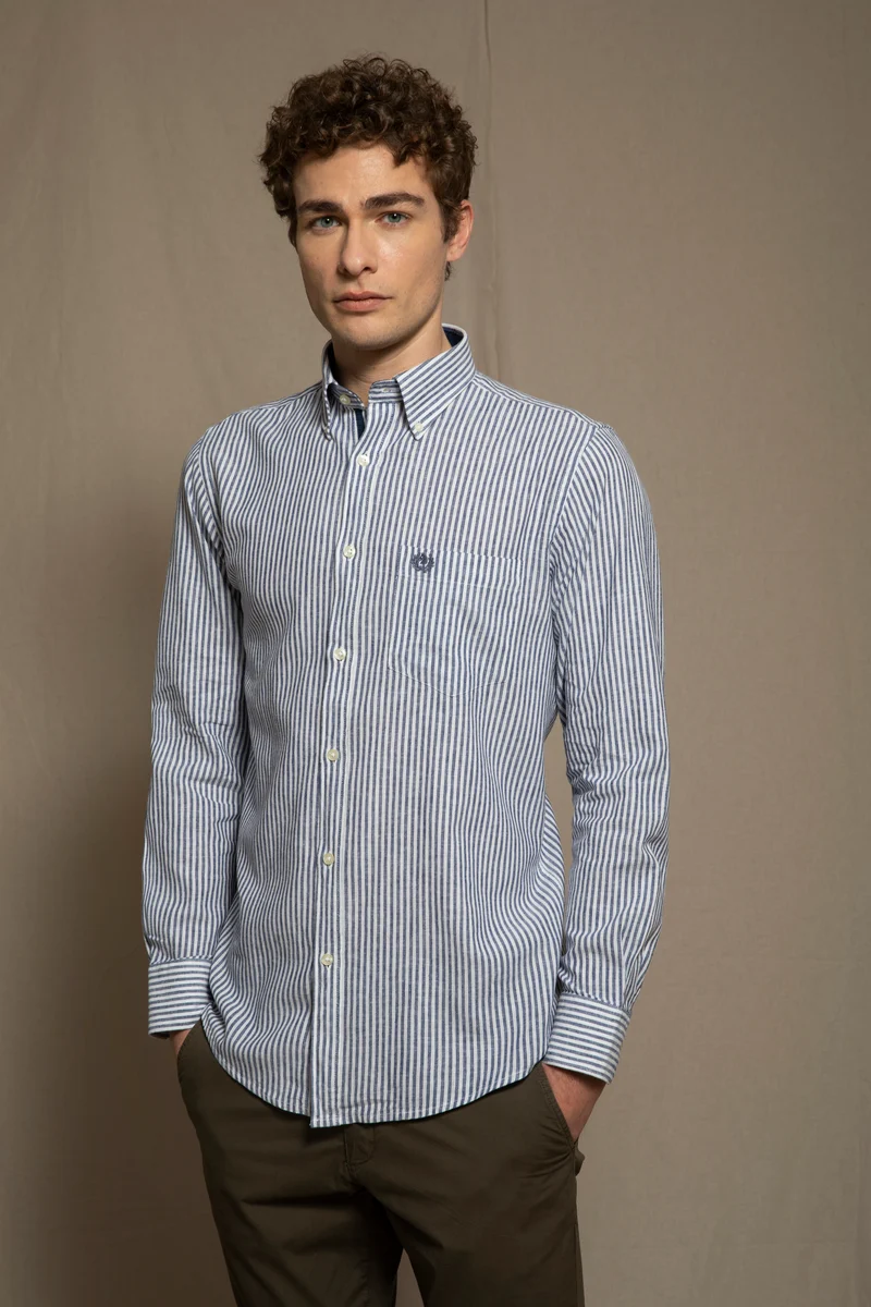 Camicia in fantasia in misto lino cotone riga media