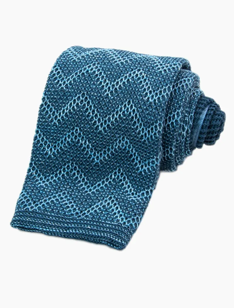 Teal Chevron Striped Cotton & Linen Knitted Tie