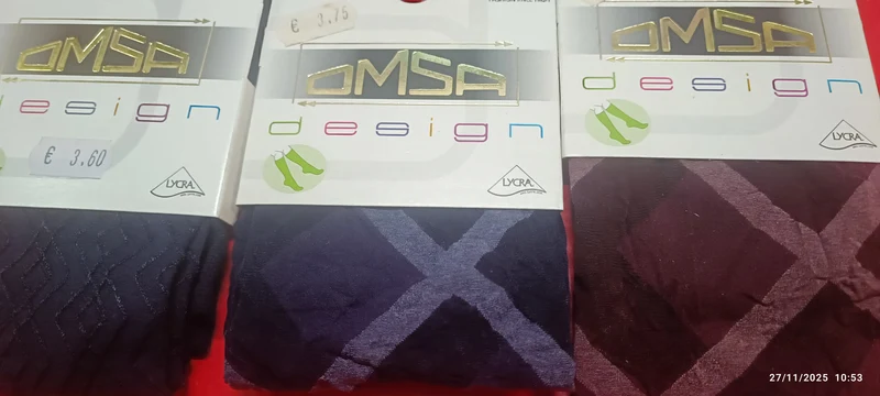 Cinque paia di gambaletti moda OMSA design, taglia unica, fantasie in foto. 150g.