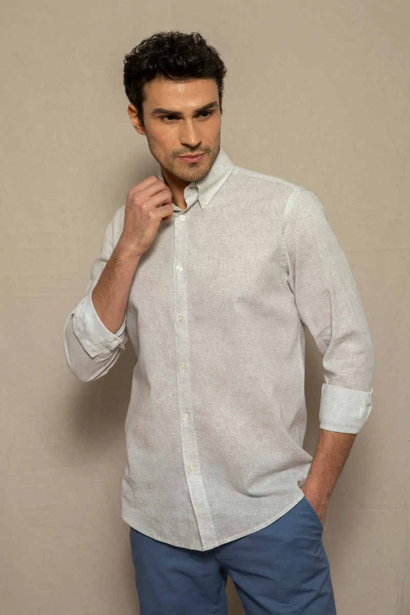 Camicia stampa micro disegno sfumato in misto lino cotone