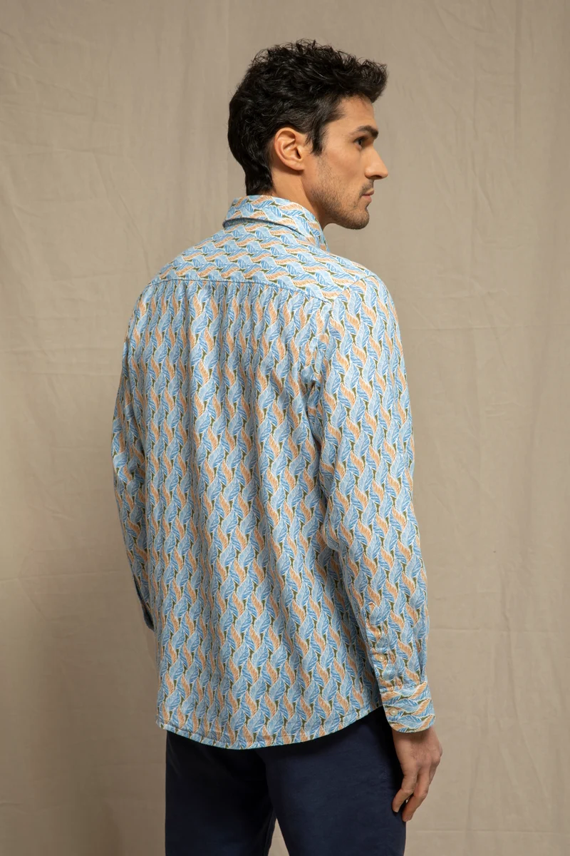 Camicia stampa foglia in misto lino cotone