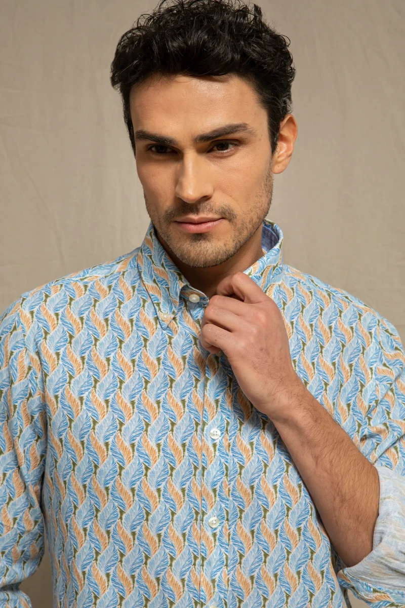 Camicia stampa foglia in misto lino cotone