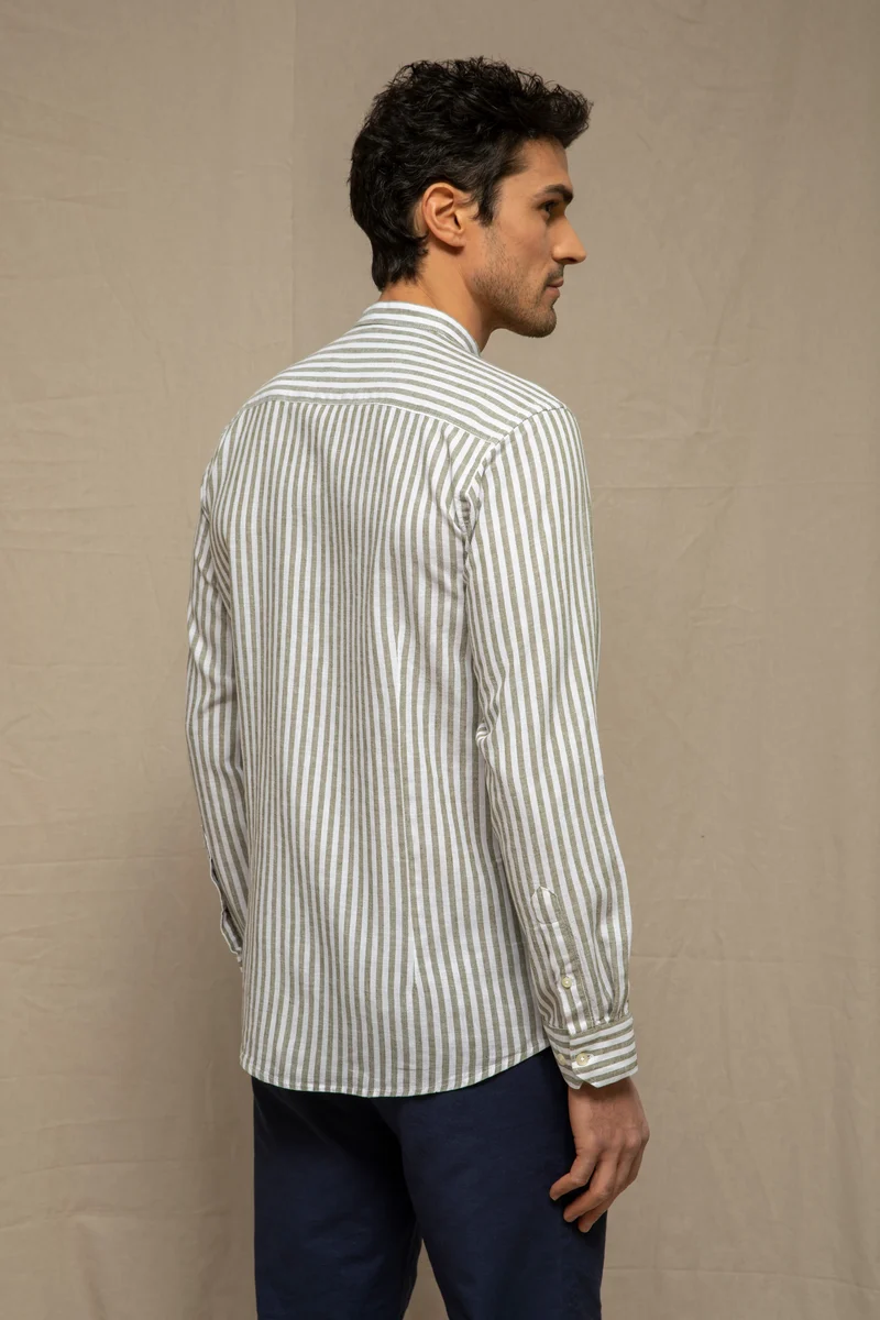 Camicia coreana in fantasia misto lino cotone riga media