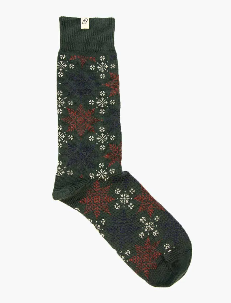 Dark Green Snowflakes Thick Organic Cotton Socks