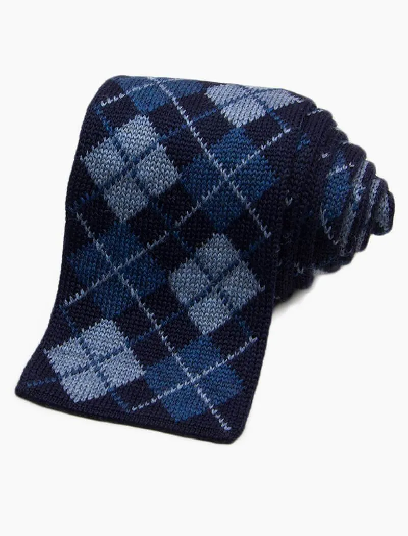 Blue Argyle Wool Knitted Tie