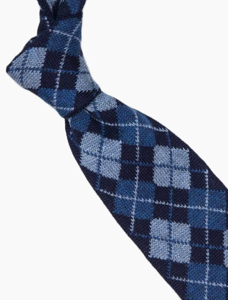 Blue Argyle Wool Knitted Tie