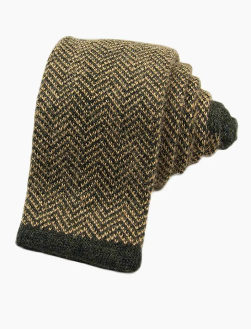 Olive & Beige Herringbone Wool & Cashmere Knitted Tie