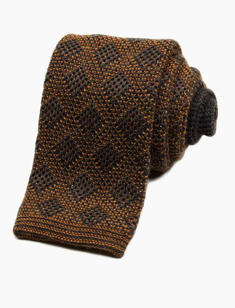 Grey & Orange Diamond Check Wool Knitted Tie