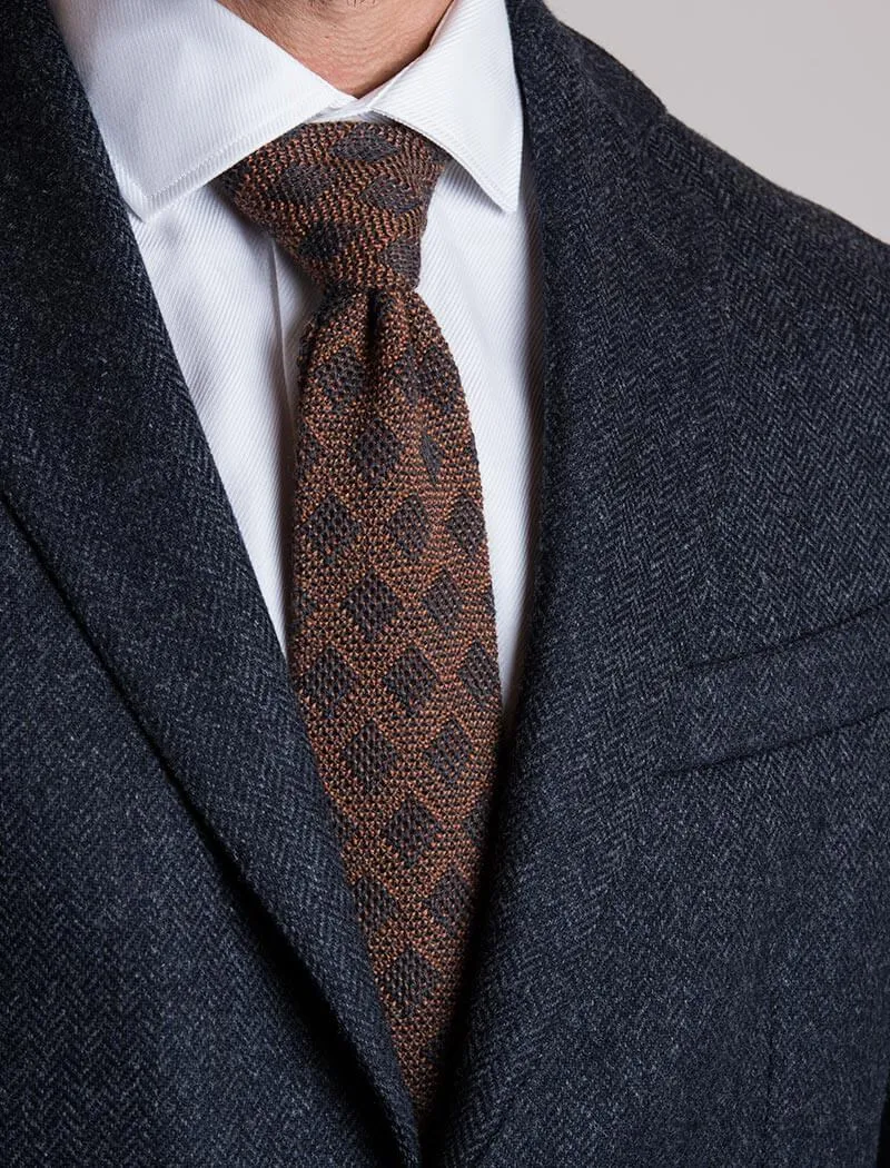 Grey & Orange Diamond Check Wool Knitted Tie