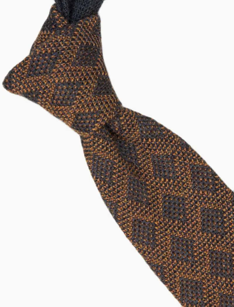 Grey & Orange Diamond Check Wool Knitted Tie