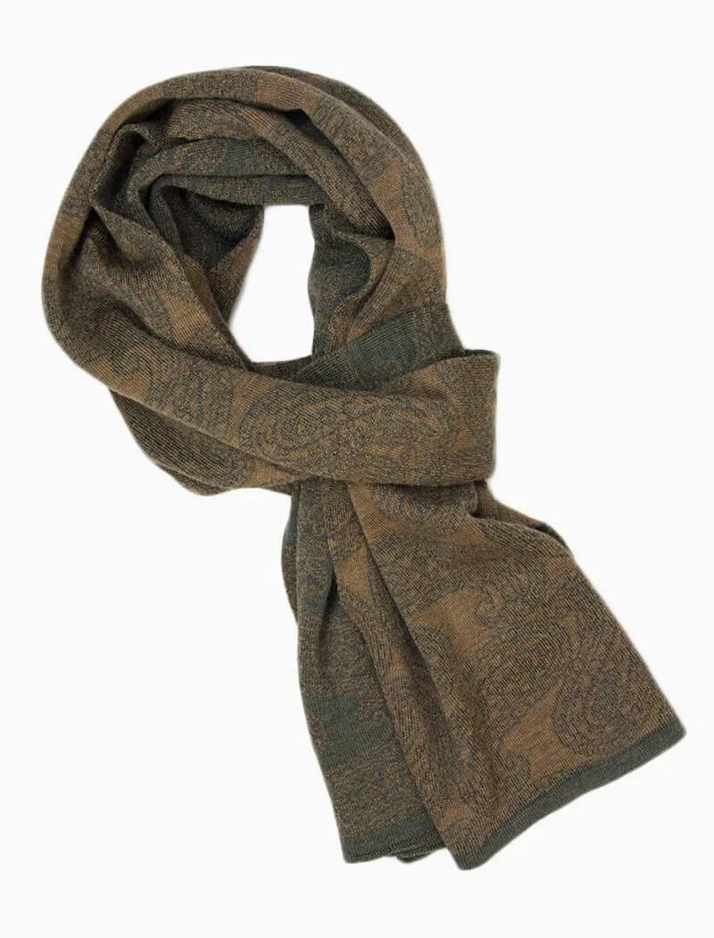 Olive & Beige Reversible Paisley Knitted Wool Scarf