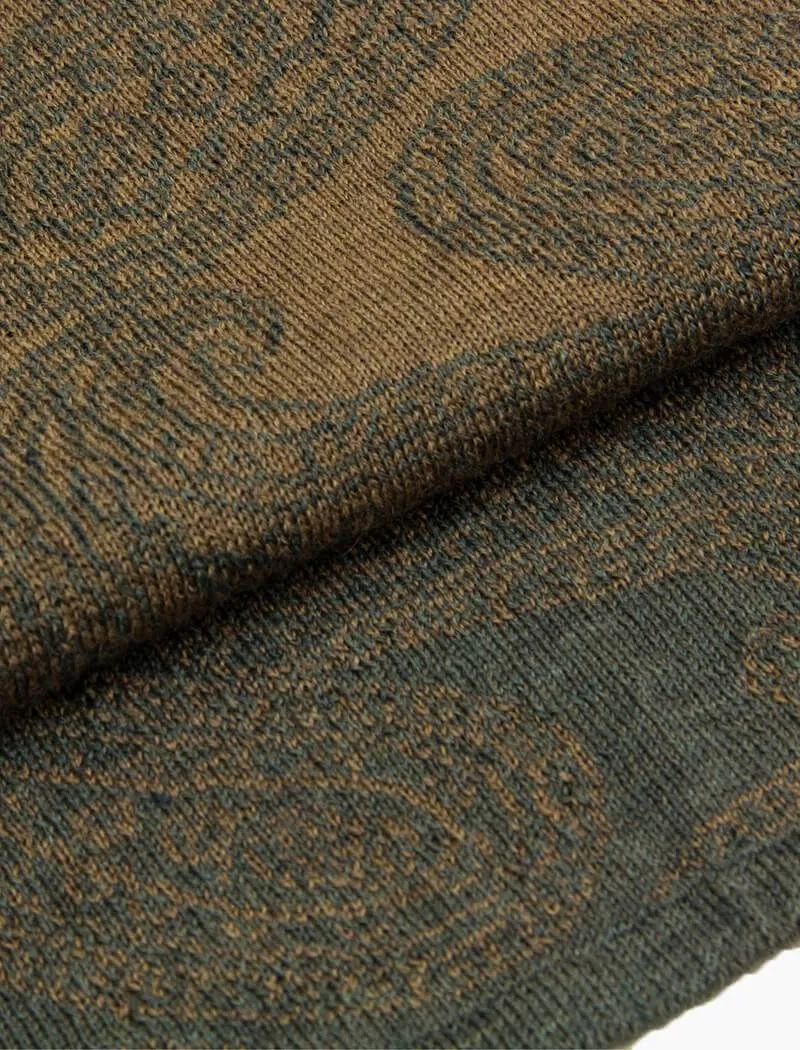 Olive & Beige Reversible Paisley Knitted Wool Scarf
