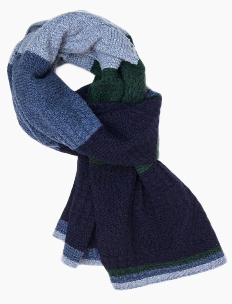 Navy & Green Textured Thick Striped Knitted Wool & Cashmere Scarf