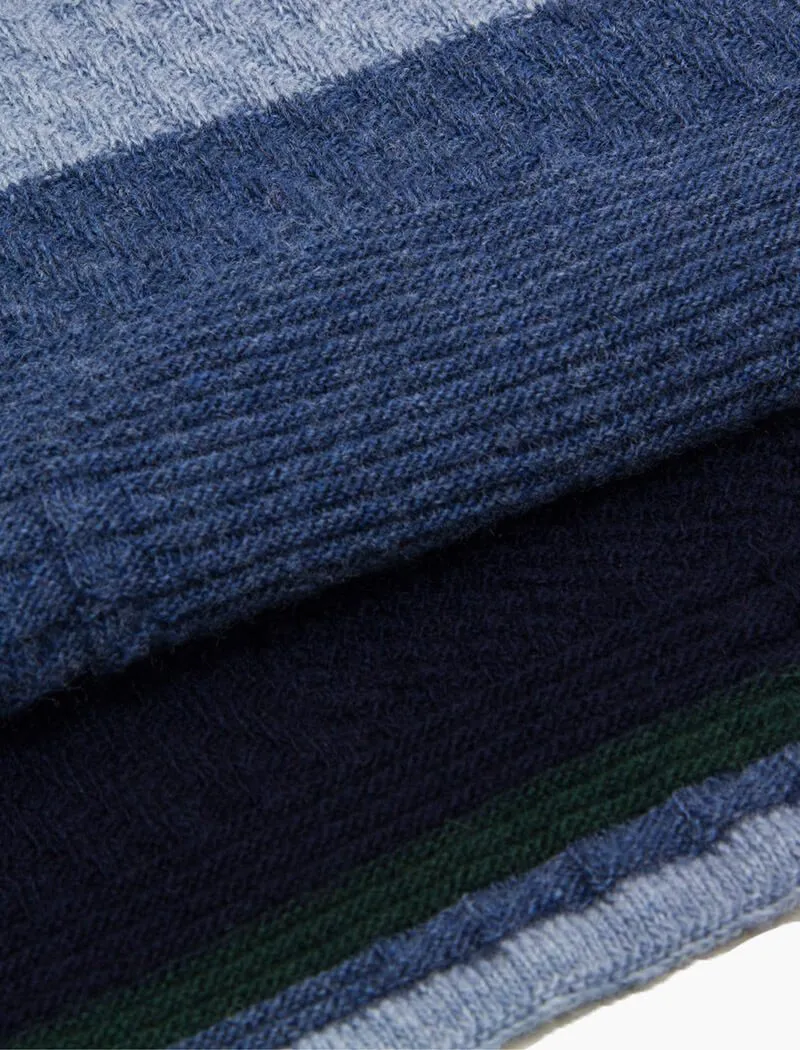 Navy & Green Textured Thick Striped Knitted Wool & Cashmere Scarf