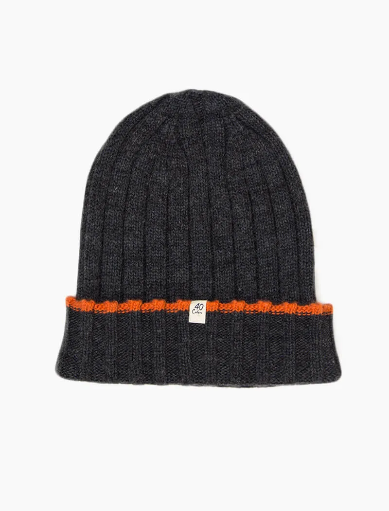 Charcoal & Orange Wide Ribbed Wool & Cashmere Beanie