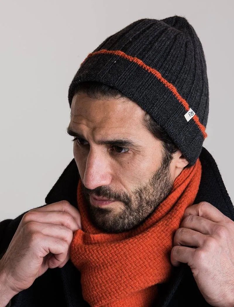 Charcoal & Orange Wide Ribbed Wool & Cashmere Beanie
