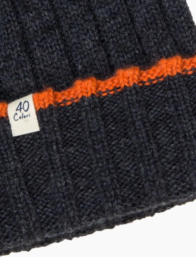 Charcoal & Orange Wide Ribbed Wool & Cashmere Beanie