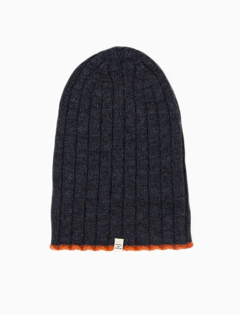 Charcoal & Orange Wide Ribbed Wool & Cashmere Beanie