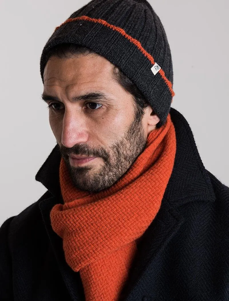 Charcoal & Orange Wide Ribbed Wool & Cashmere Beanie