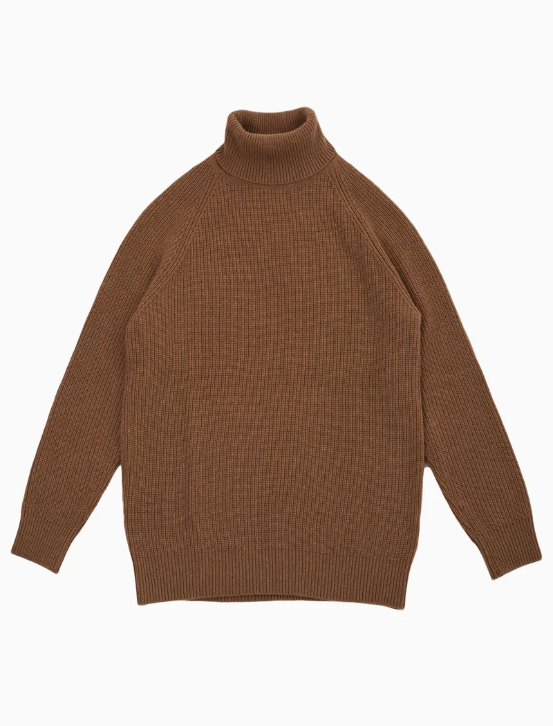 Beige Ribbed Wool & Cashmere Roll Neck Jumper