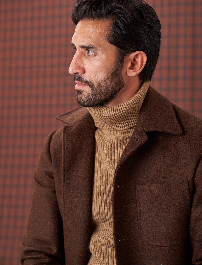 Beige Ribbed Wool & Cashmere Roll Neck Jumper