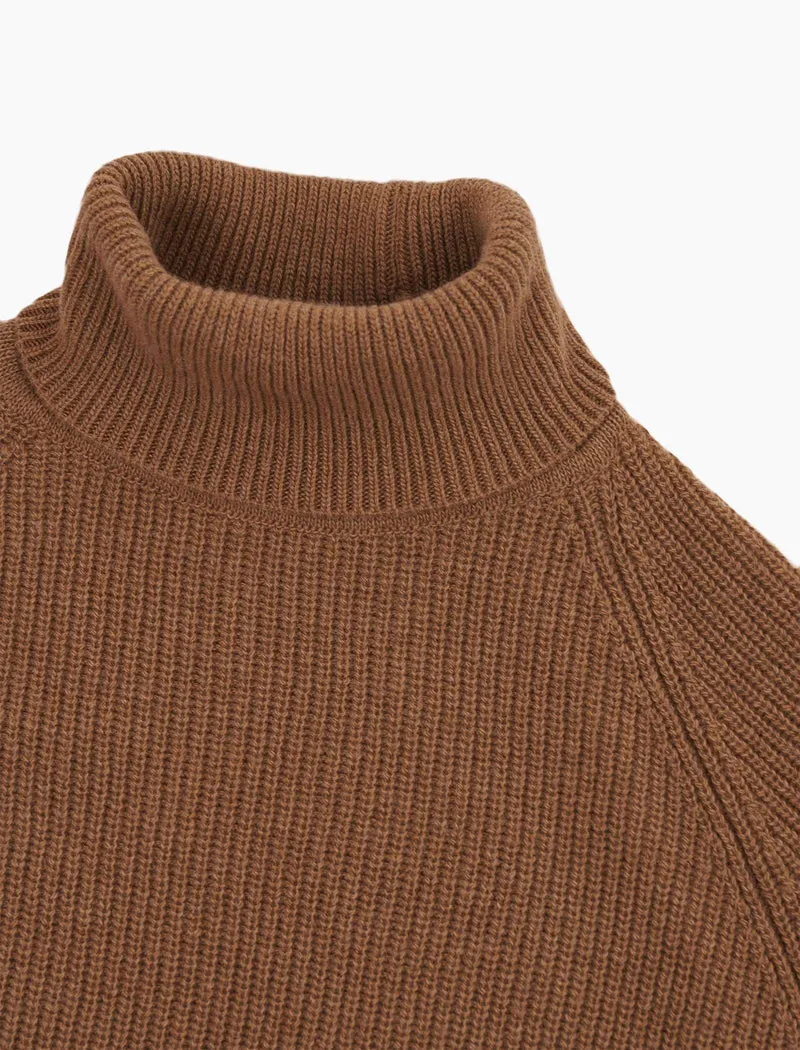 Beige Ribbed Wool & Cashmere Roll Neck Jumper